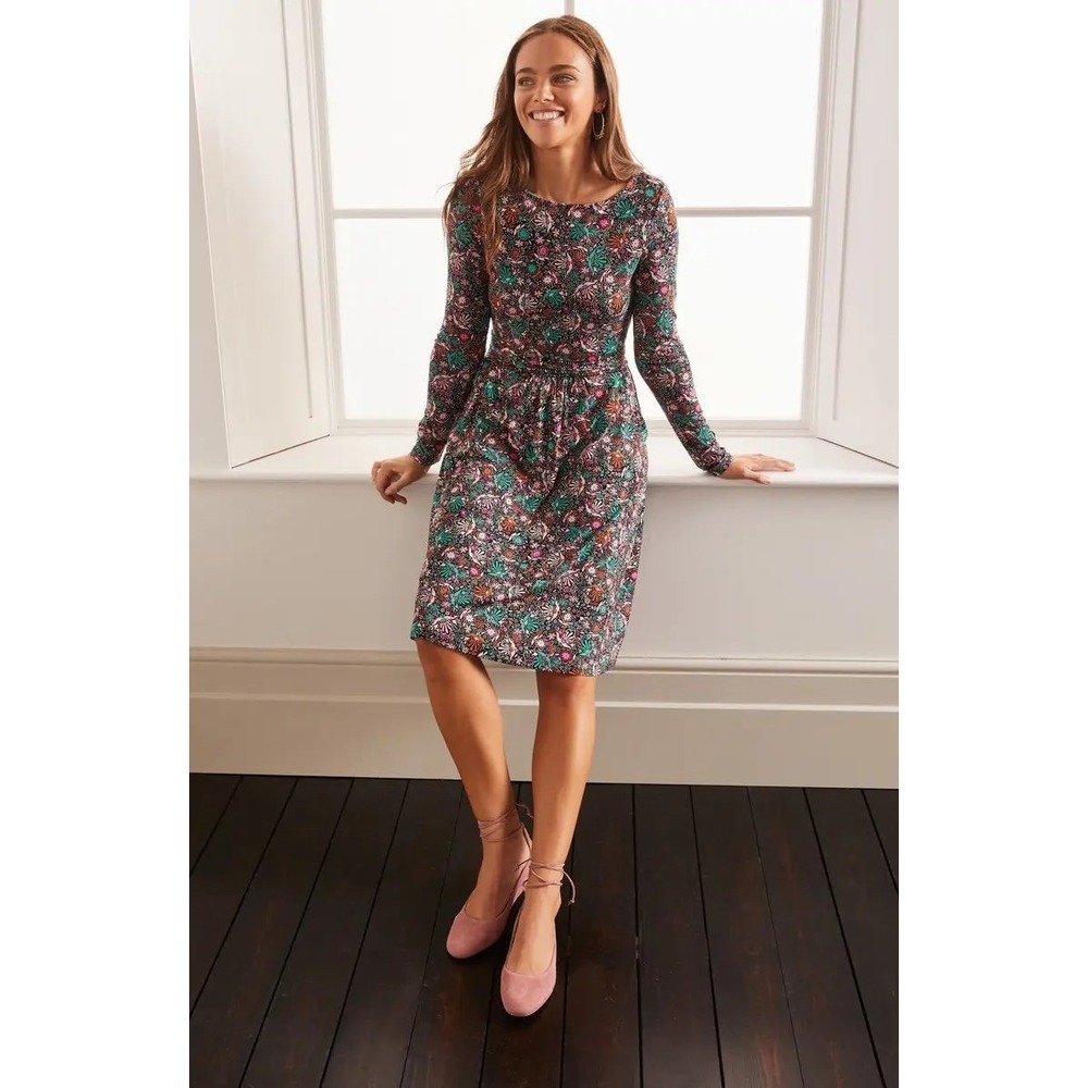 Boden Abigail Long Sleeve Jersey Dress Black/Multi Floral Print Size 10 Office